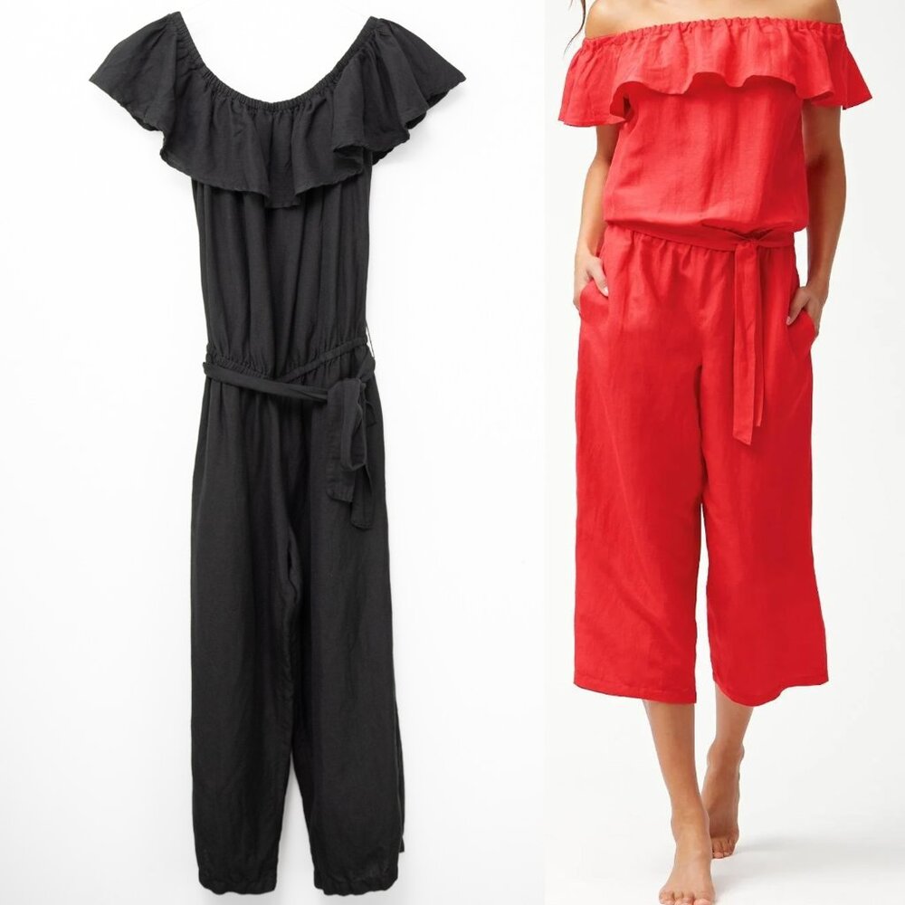 Tommy Bahama Jumpsuit Cropped Linen Off Shoulder Belted Preppy Black Size XS